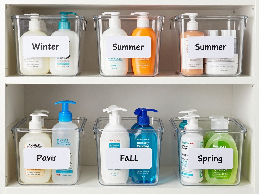 organized seasonal bathroom storage rotation system
