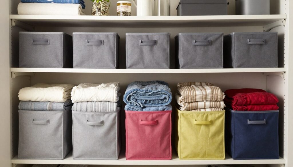 organized seasonal blanket storage system with labeled bins