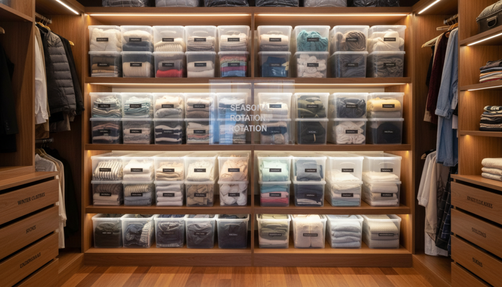 organized seasonal clothing storage with labeled bins