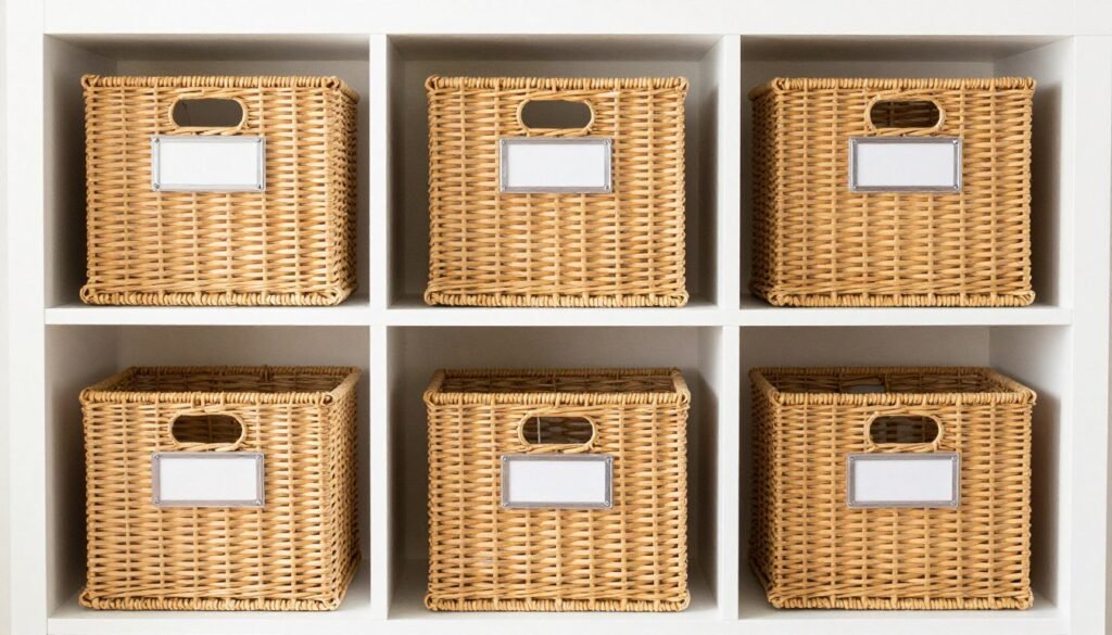 organized shelves with matching storage containers and labels