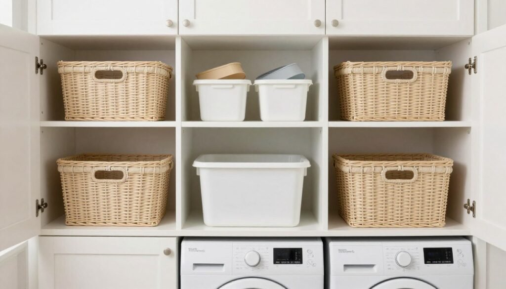 organized shelving system in small laundry room