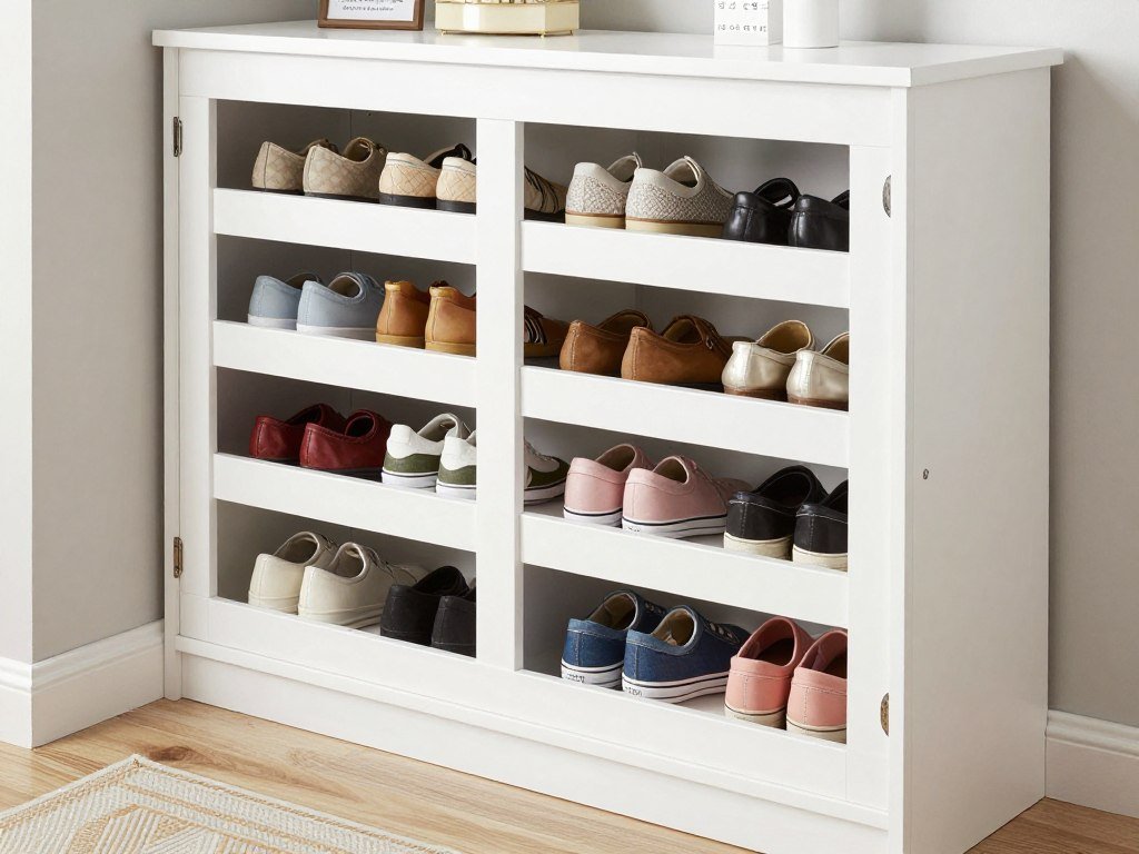 organized shoe storage cabinet in entryway