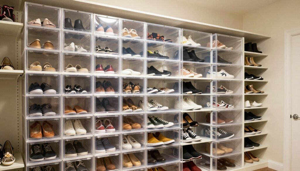 organized shoe storage in closet with multiple solutions