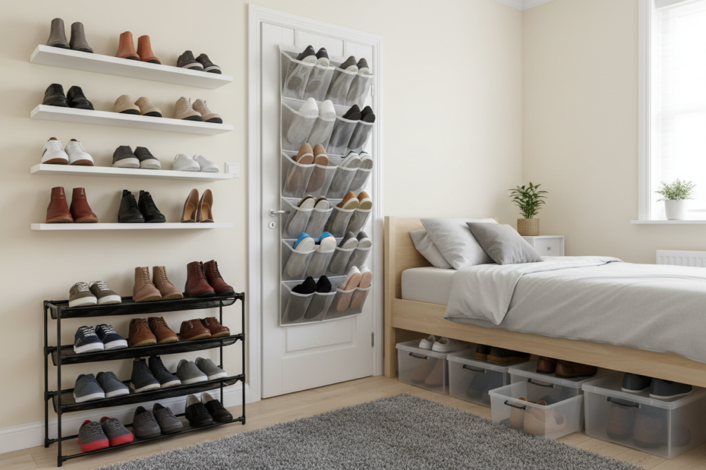 organized shoe storage in small bedroom space