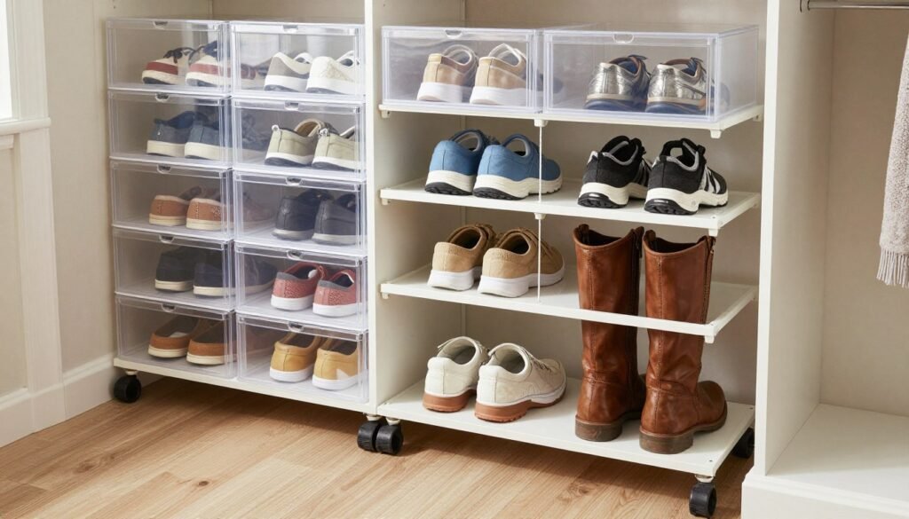 organized shoe storage system with various storage solutions