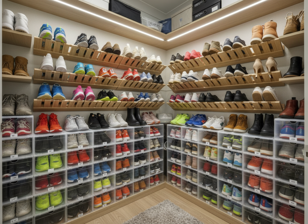 organized shoe storage with clear boxes and angled shoe rack in small closet