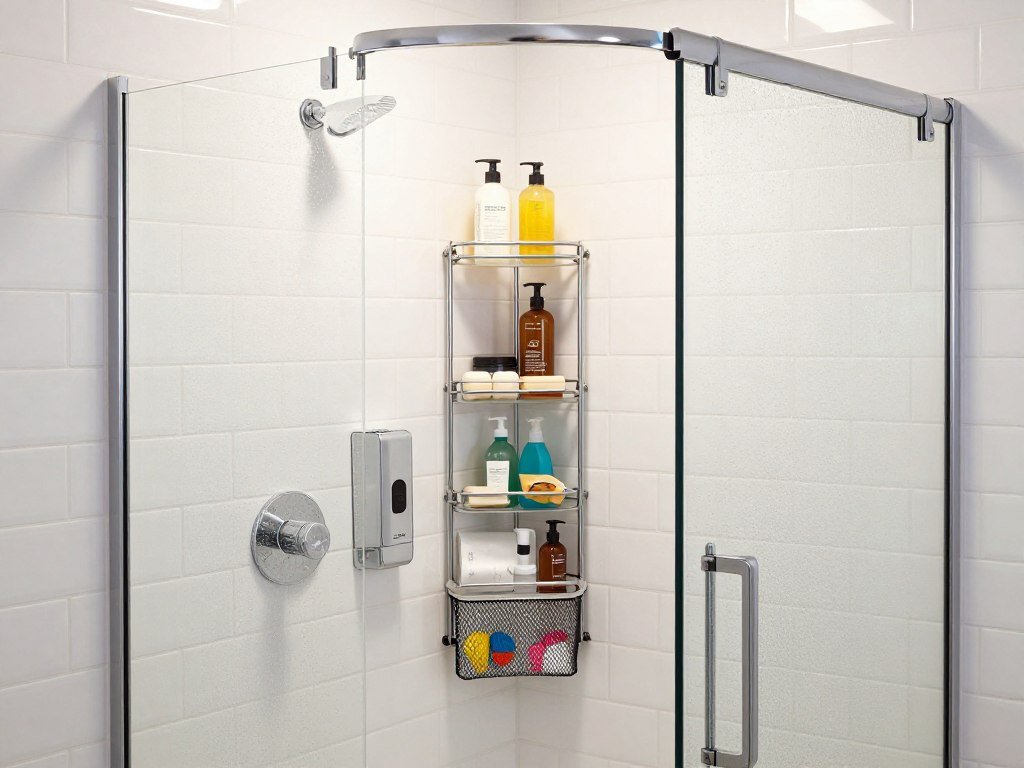 organized shower storage with caddy and corner shelves