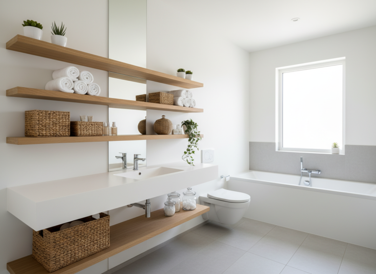 organized small bathroom storage ideas for small spaces with floating shelves and baskets