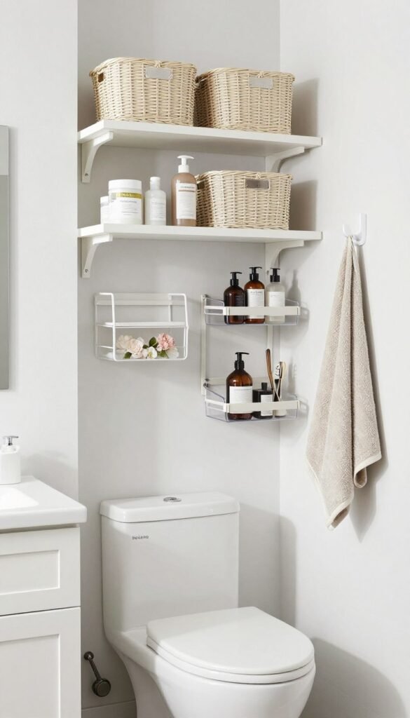 organized small bathroom with storage shelves baskets and hooks organized small bathroom with storage shelves baskets and hooks