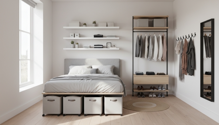 organized small bedroom with clothes storage ideas for small spaces