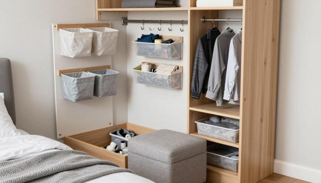 organized small bedroom with multiple hidden storage solutions