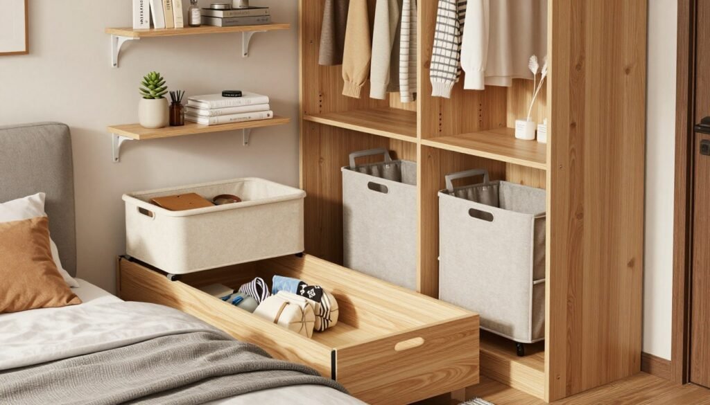 organized small bedroom with under-bed storage and wall shelves organized small bedroom with under-bed storage and wall shelves