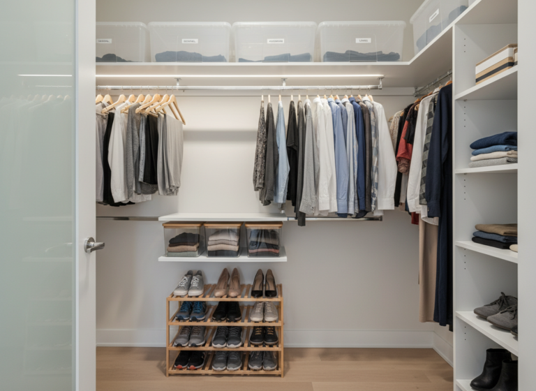 organized small closet with maximized vertical space and efficient storage solutions