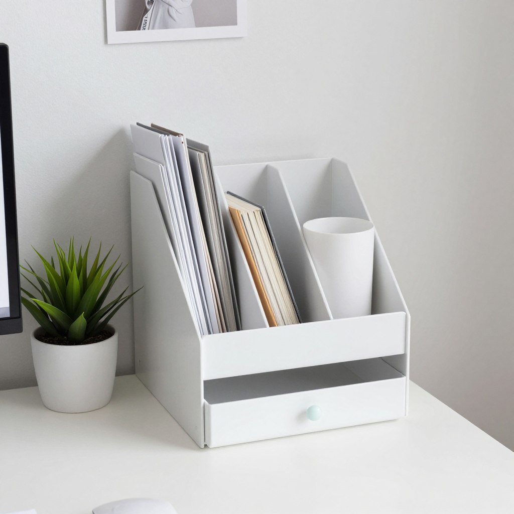 organized small desk surface with desktop organizers
