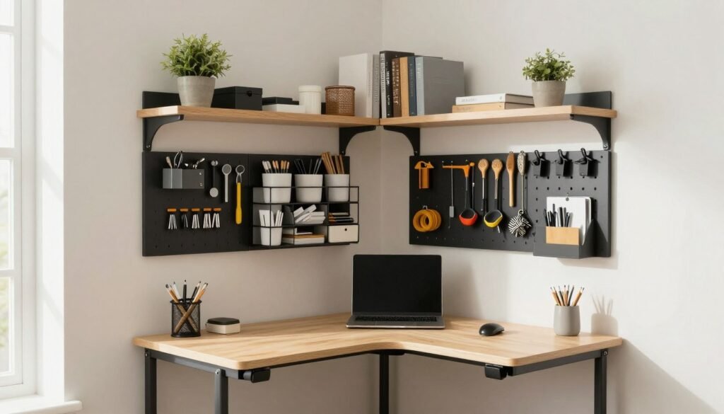 organized small home office with desk storage and shelving organized small home office with desk storage and shelving
