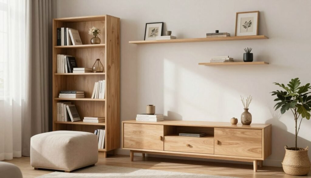 organized small living room with hidden storage and shelving organized small living room with hidden storage and shelving