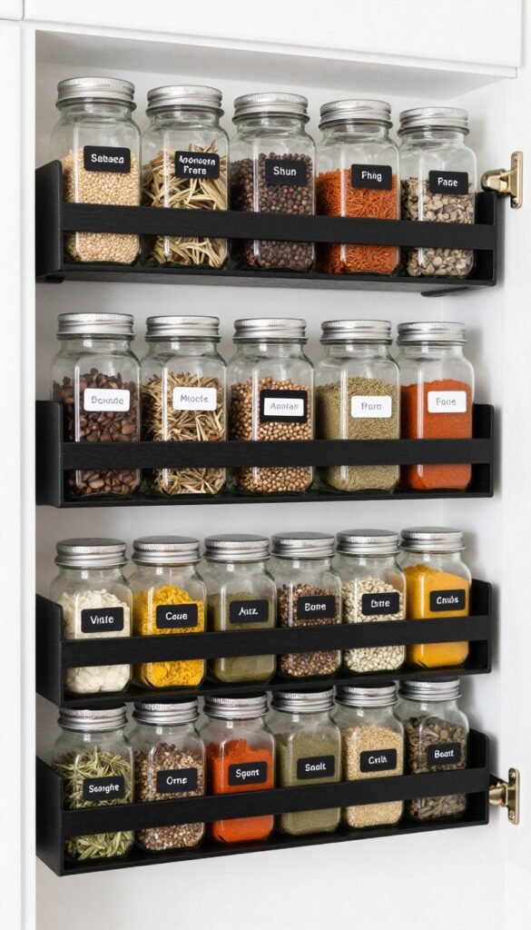 organized spice rack with labeled jars in drawer or on wall