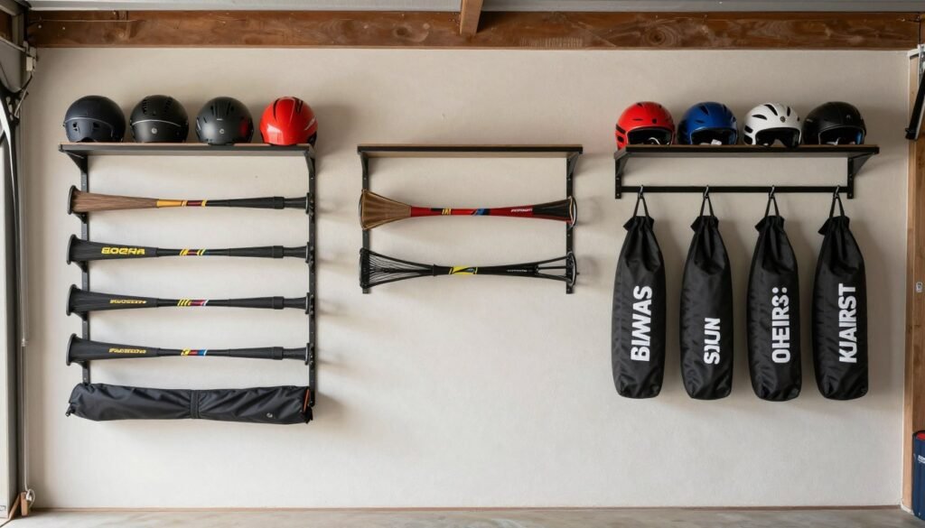 organized sports equipment storage in garage
