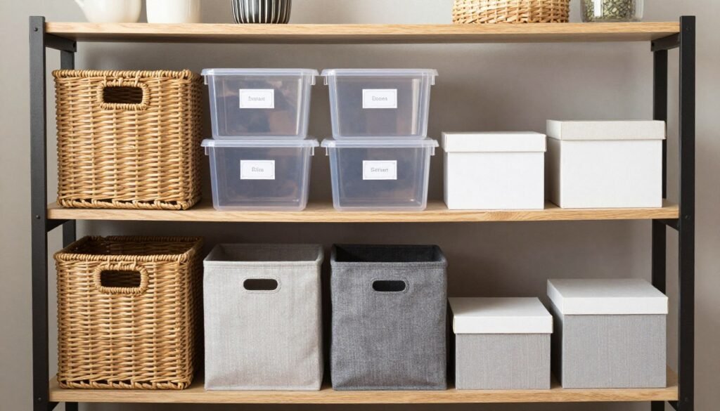 organized storage bins baskets and containers on shelves organized storage bins baskets and containers on shelves