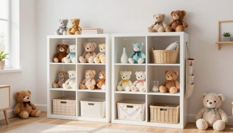 organized stuffed animal storage in colorful kids bedroom with toys neatly displayed