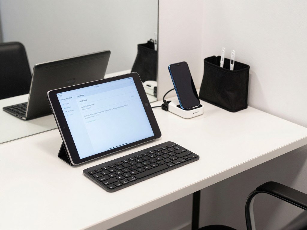 organized technology station with hidden cord management