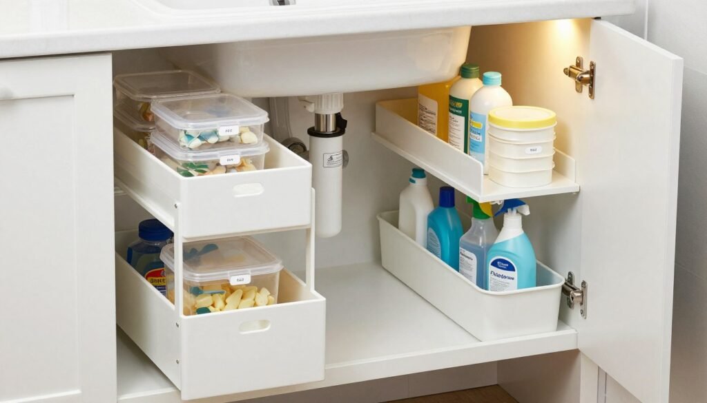 organized under bathroom sink cabinet with storage solutions