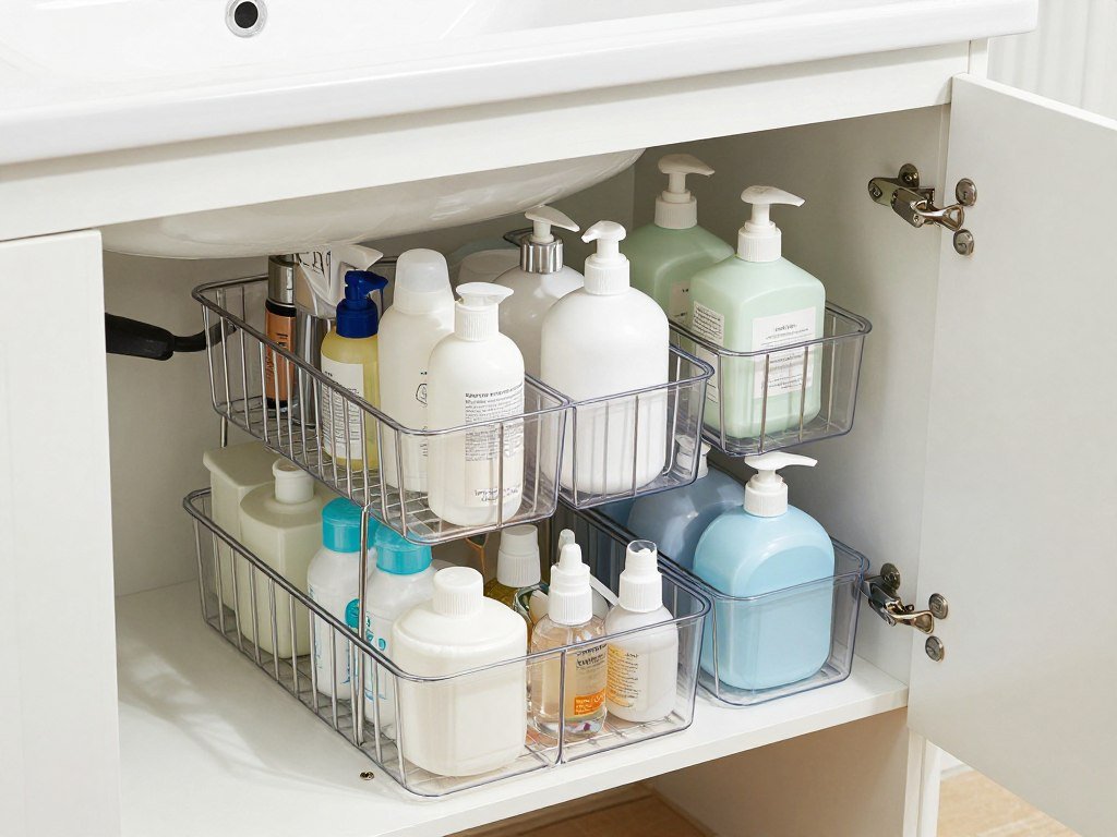 organized under bathroom sink with stackable drawers and bins