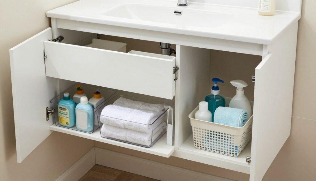 organized under sink bathroom storage with pull out drawers