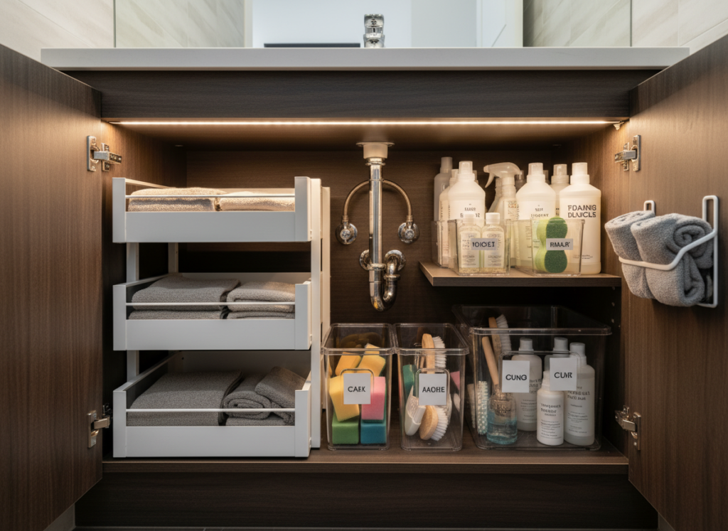 organized under-sink cabinet with pull-out drawers and baskets