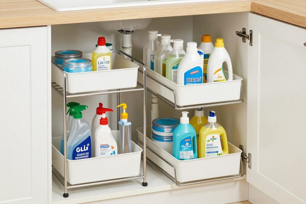 organized under sink cabinet with shelving and storage containers