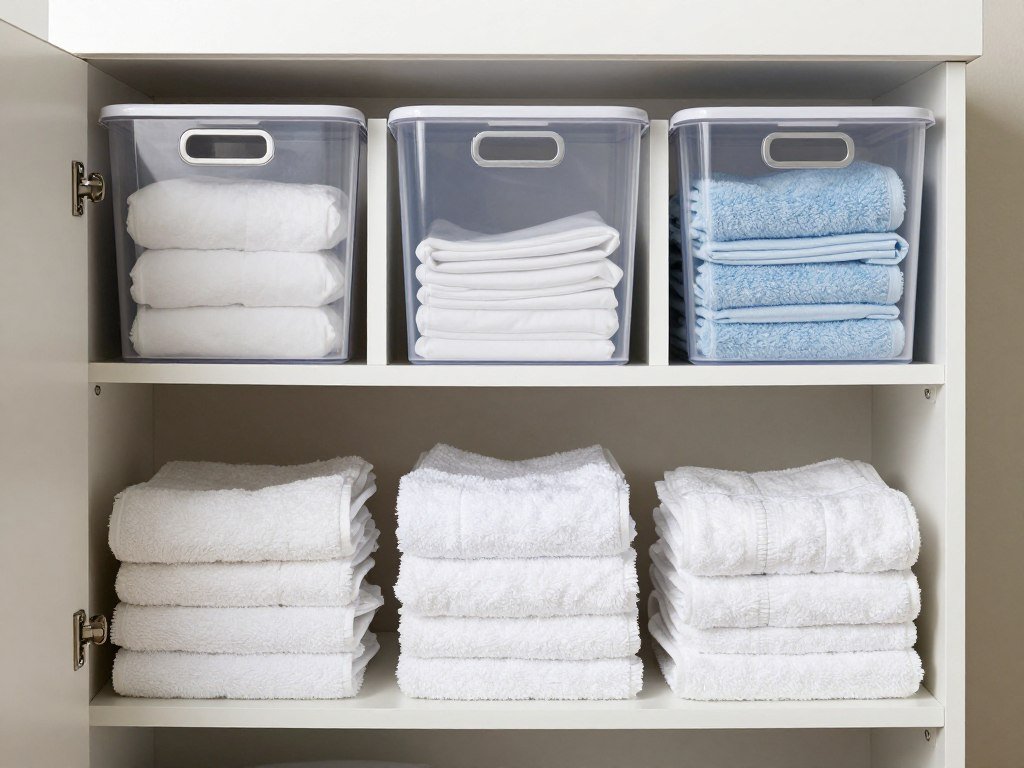 organized upper laundry room cabinets with labeled bins