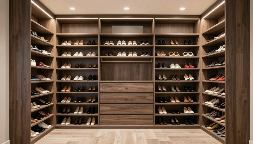 organized walk-in closet with multiple shoe storage solutions