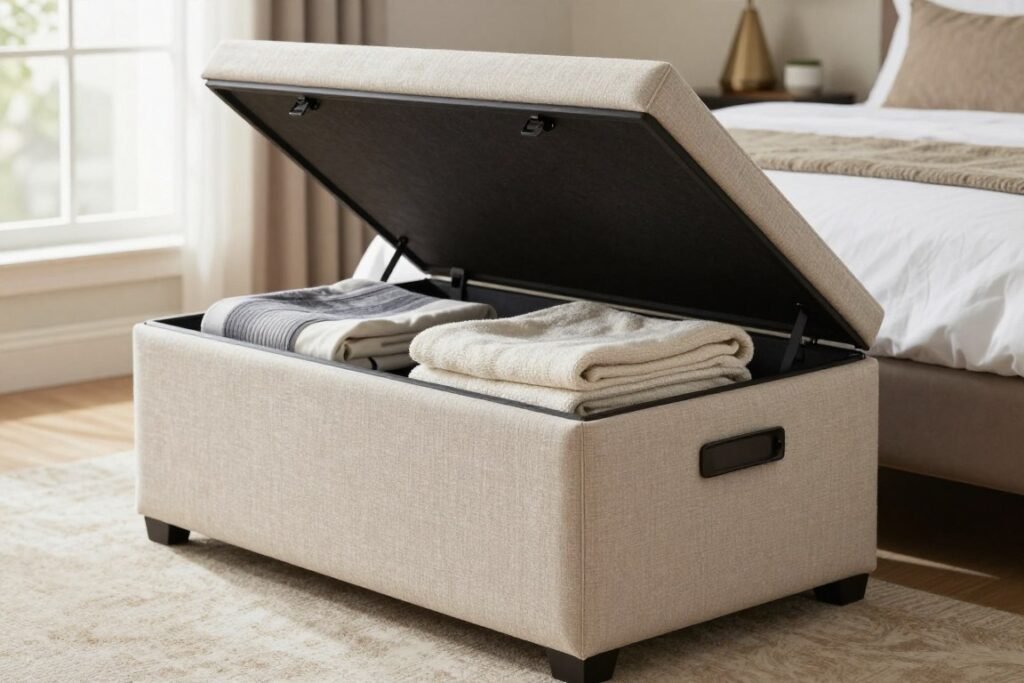 ottoman storage bench with hidden compartment containing blankets