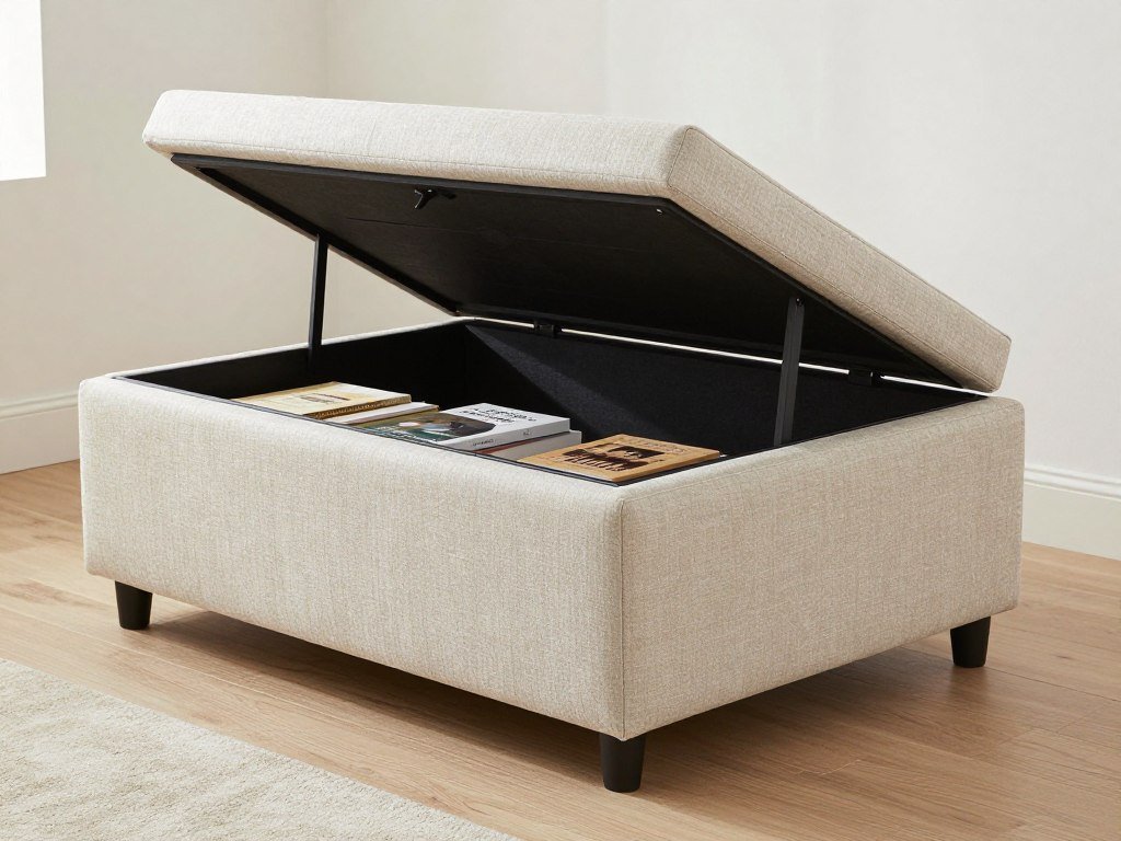 ottoman with hidden book storage compartment in small living room design