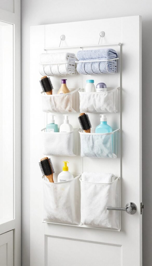 over door bathroom organizer with towels and products