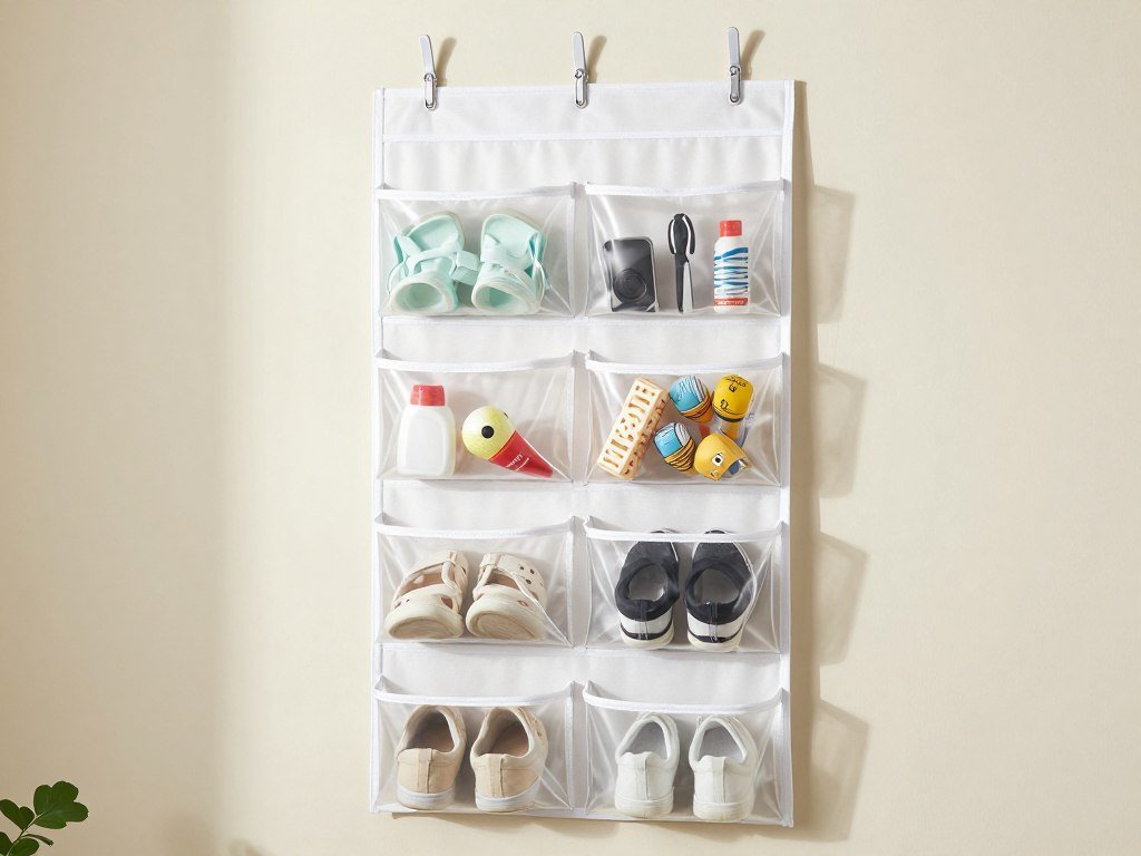 over-door hanging organizer with pockets storing shoes and accessories