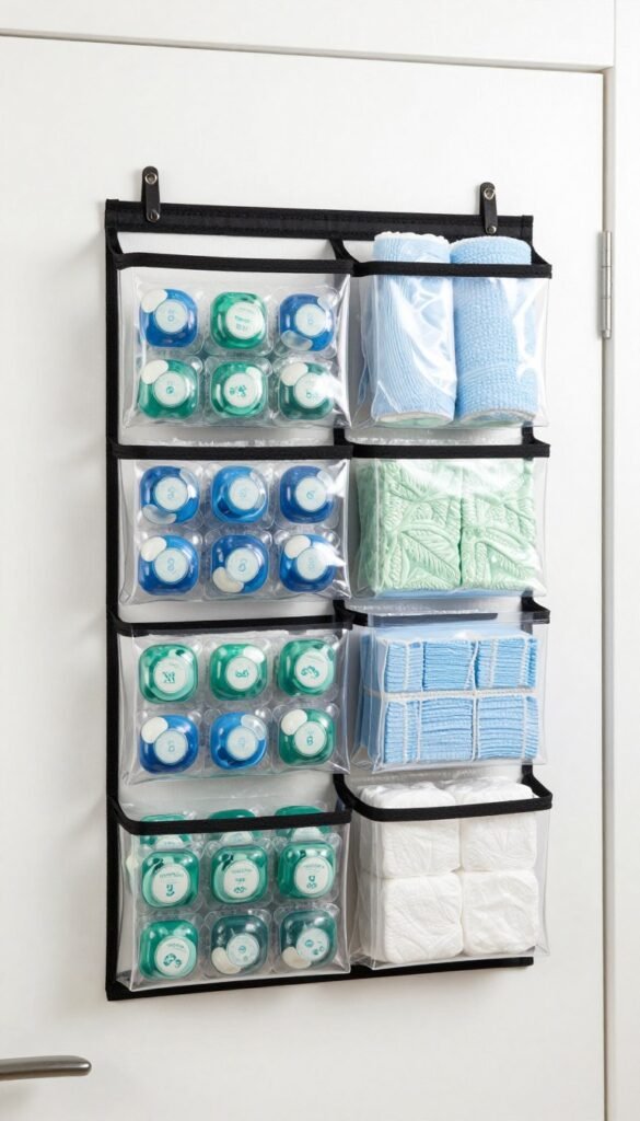 over door organizer in narrow laundry room