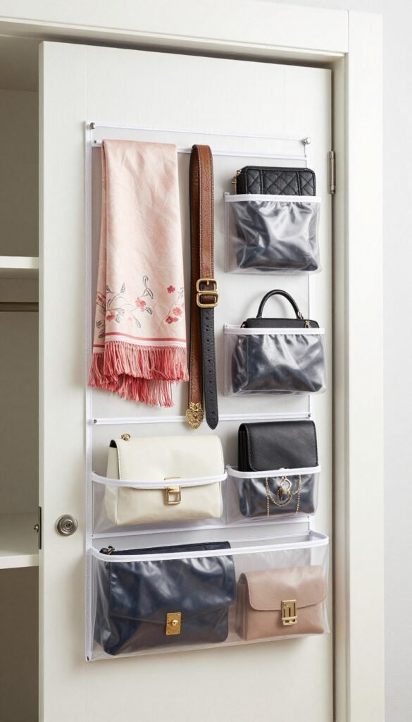 over-door organizer on inside of closet door with accessories