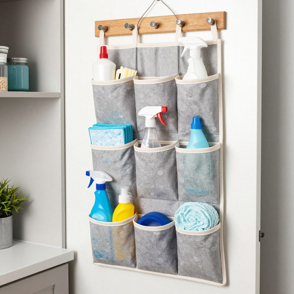 over door organizer with laundry supplies