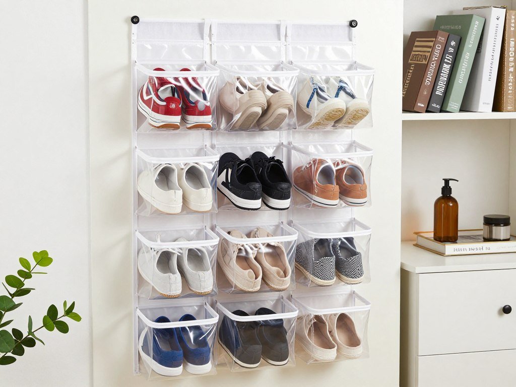 over-door shoe organizer with clear pockets holding multiple pairs