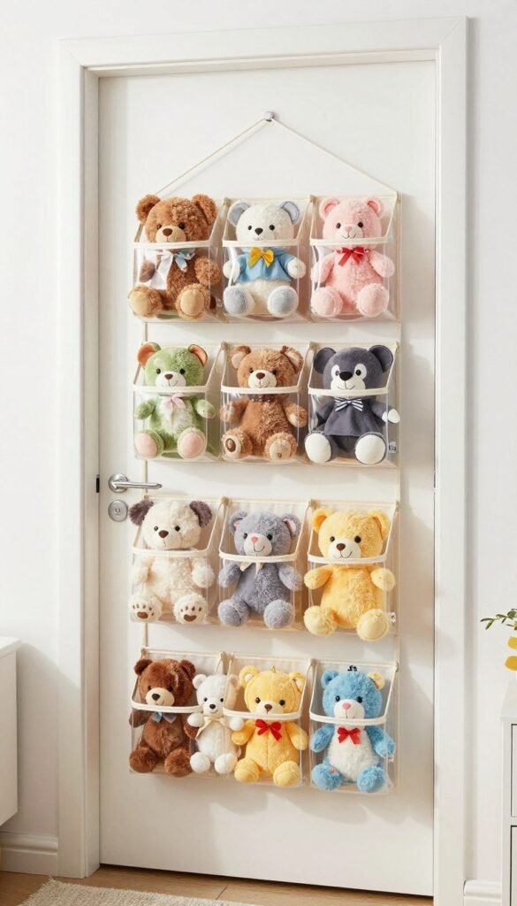 over the door hanging organizer with multiple pockets holding stuffed animals