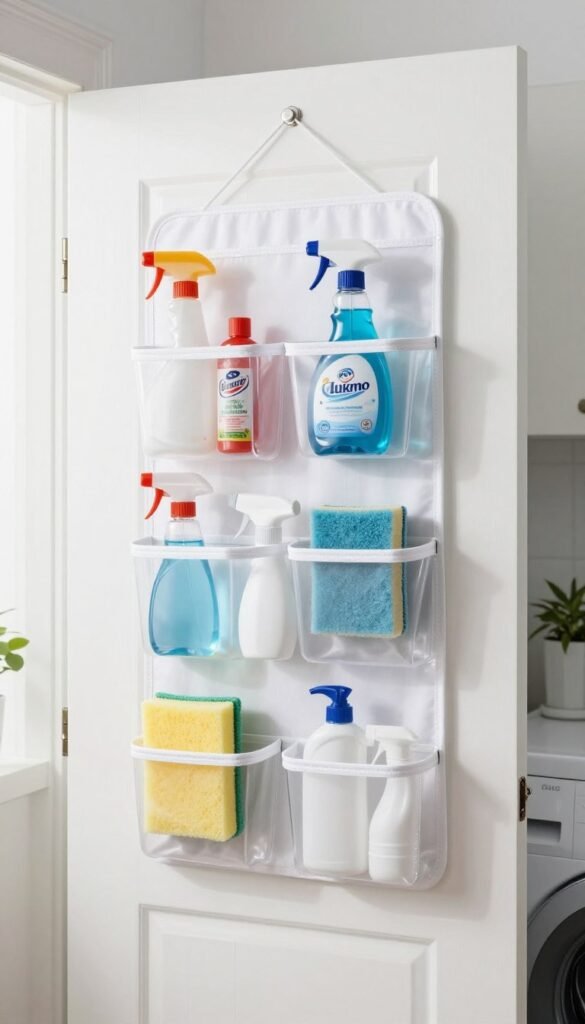 over the door hanging organizer with pockets holding cleaning supplies over the door hanging organizer with pockets holding cleaning supplies