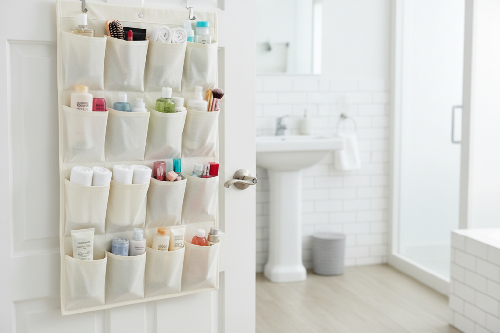 over-the-door organizer filled with bathroom essentials