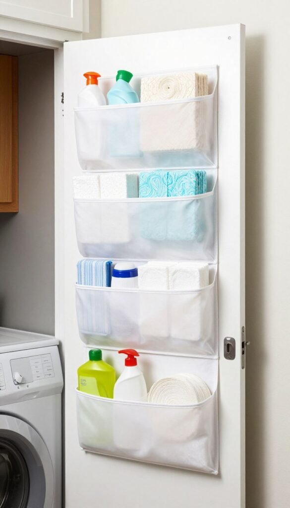 over-the-door organizer in small laundry room