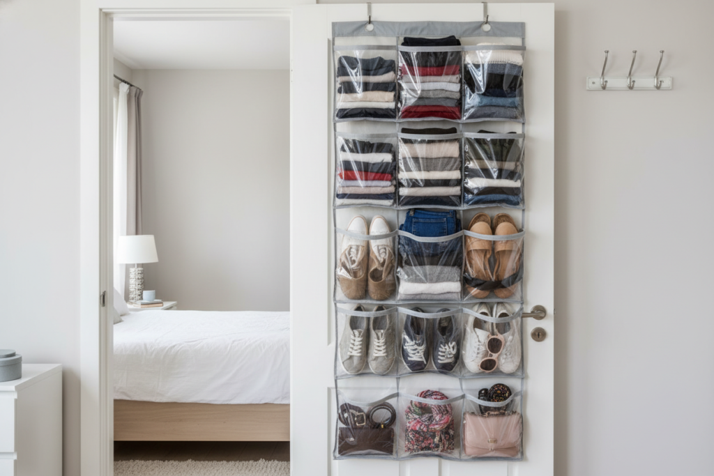 over-the-door organizer with clothes and accessories