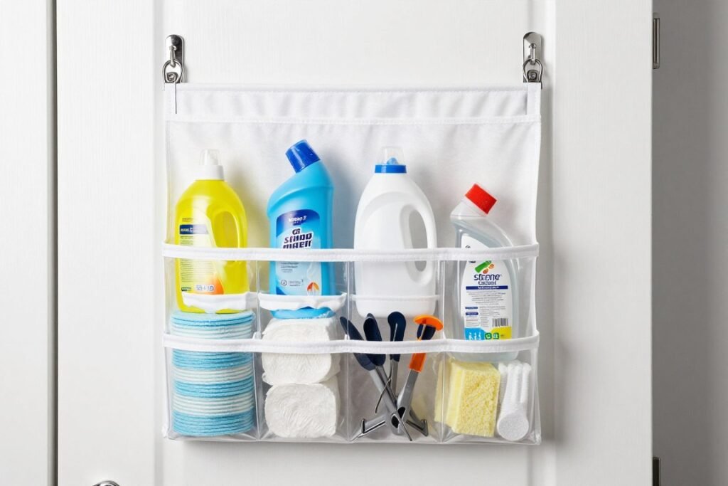 over the door organizer with laundry supplies