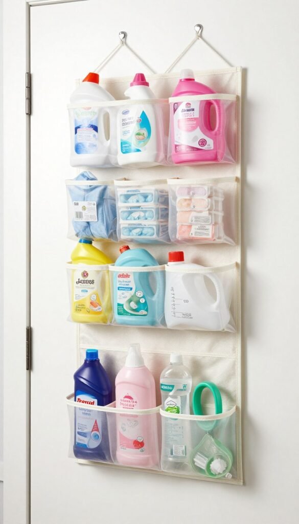 over the door organizer with pockets for laundry supplies