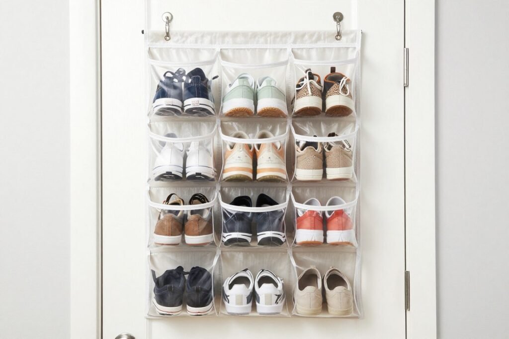over-the-door shoe organizer filled with shoes