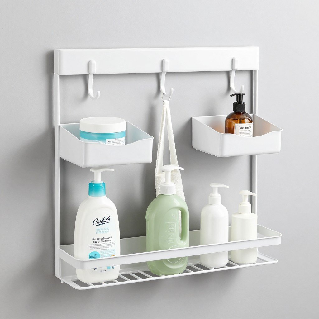 over the door storage rack with hooks and shelves for bathroom items
