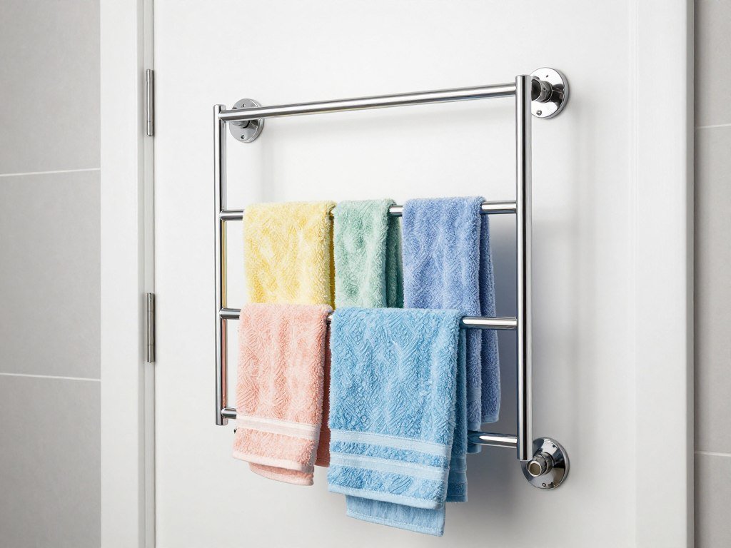 over the door towel rack with multiple bars holding bathroom towels